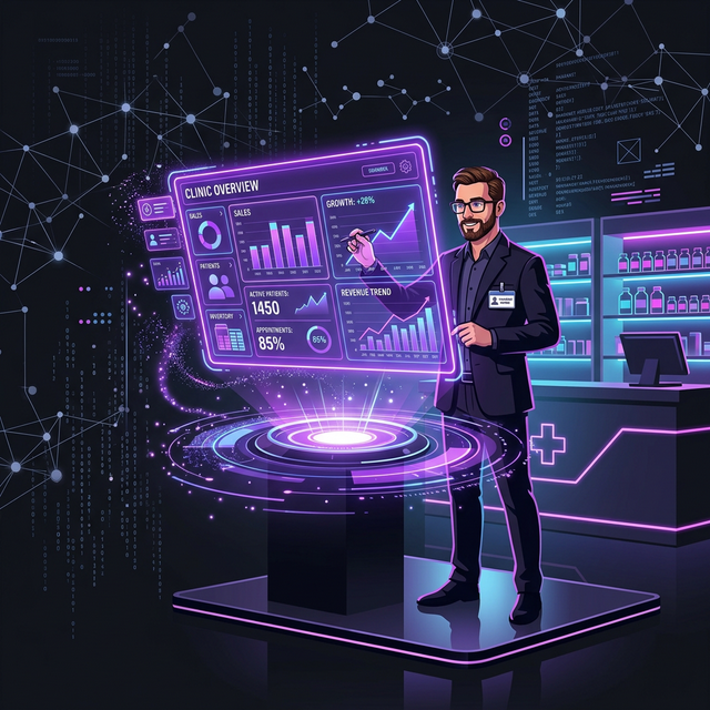 Dueño de empresa local con dashboard de IA holográfico