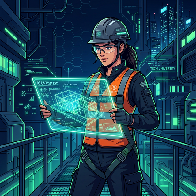 Ingeniero industrial con blueprint de IA holográfico